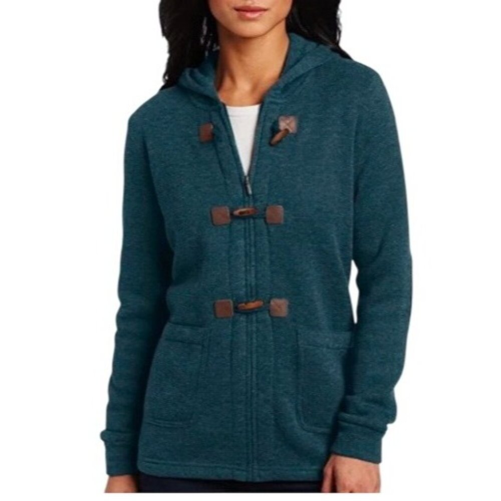 Merrell Women's Large Hewes Toggle Sweater Conifer Heather Teal Patches Full Zip